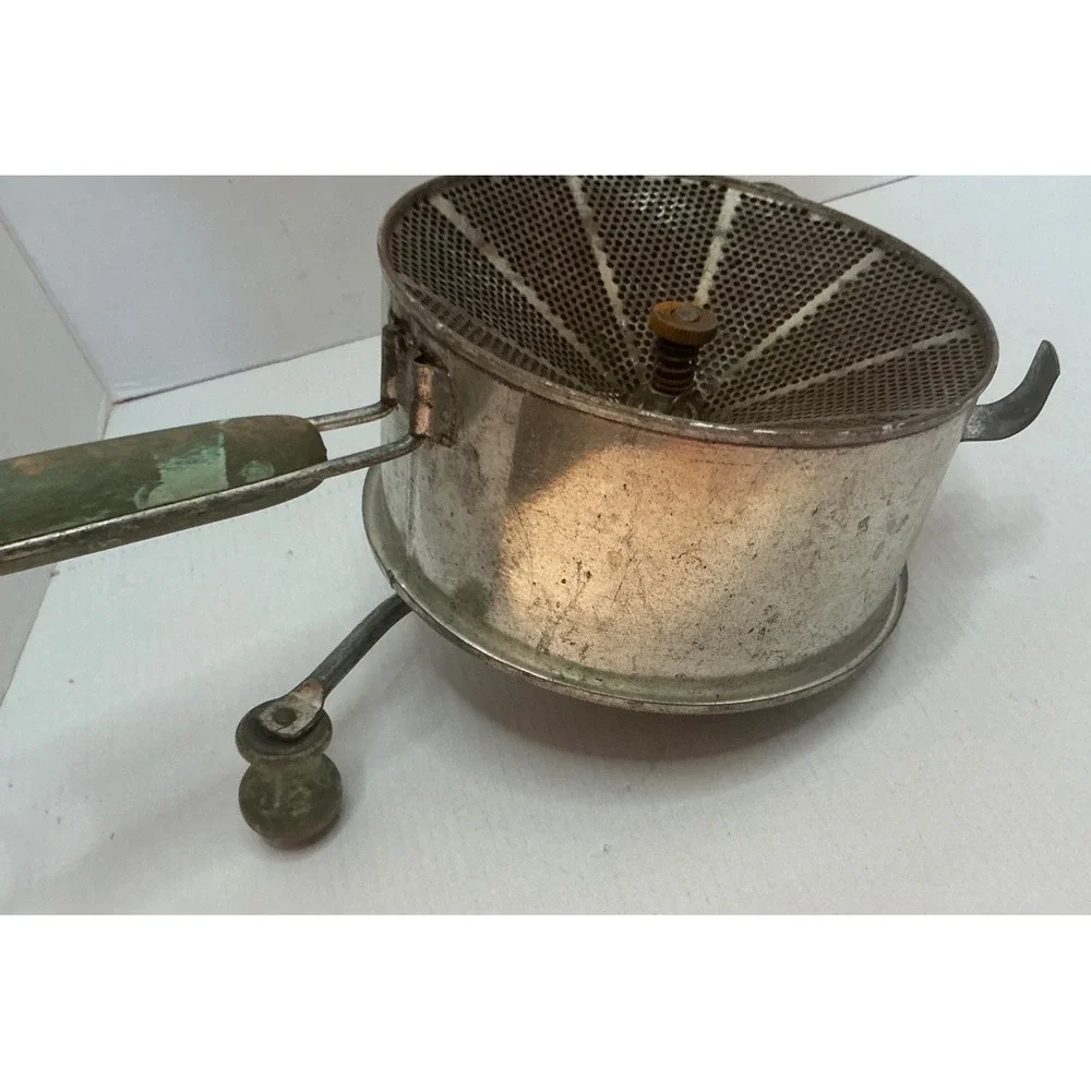 Foley Vintage Food Mill Hand Crank Green Wood Handle Kitchen Tool Farmhouse Deco